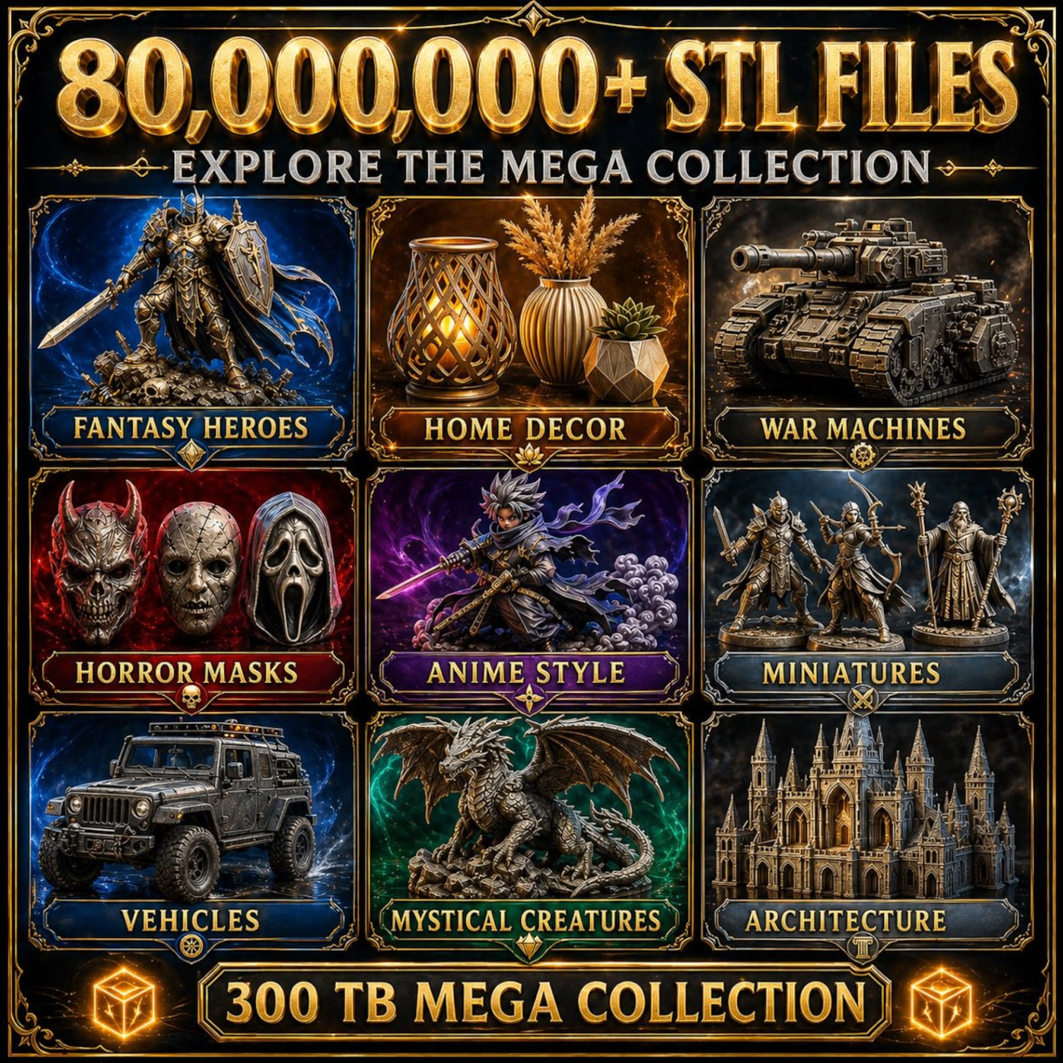 80,000,000+ STL files collection across fantasy, decor, vehicles and architecture